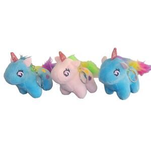 Set of 3 Unicorn Plush Keychains with Rainbow Mane, Blue & Pink Cute Design